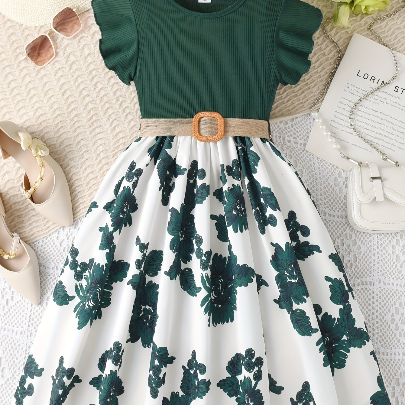 Girls Summer Floral Dress with Ruffle Sleeves Knee-Length Polyester Knit Belt Lavender White