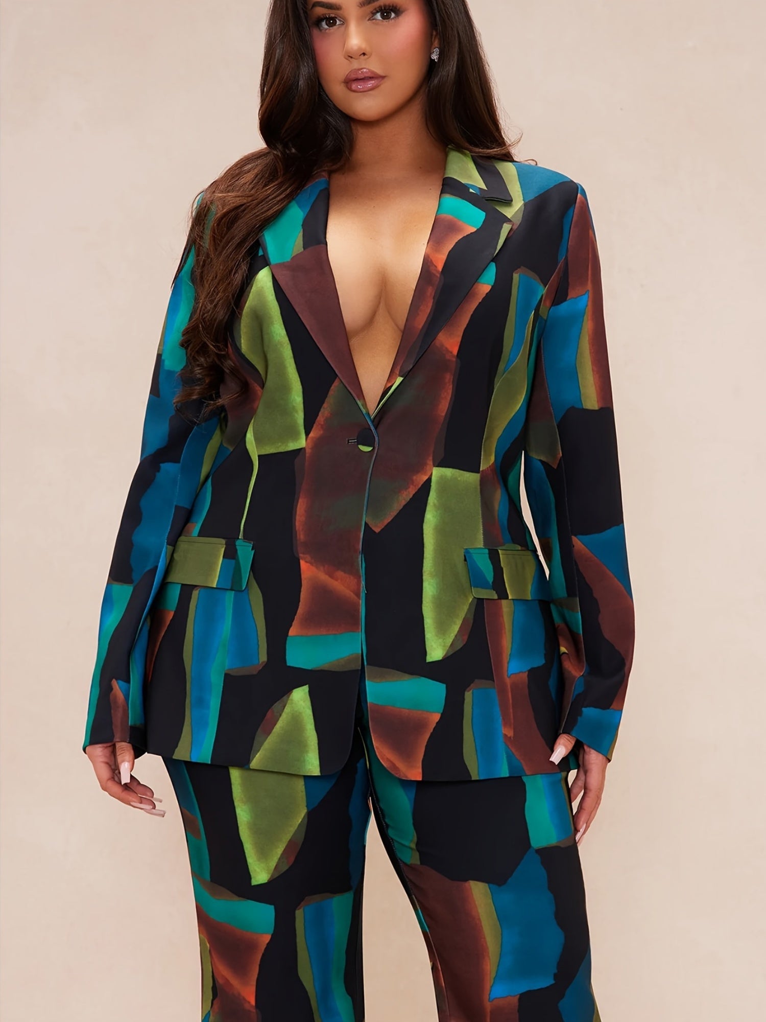 Plus Size Women's Color Block Suit Set Polyester Blazer Trousers Casual All Seasons