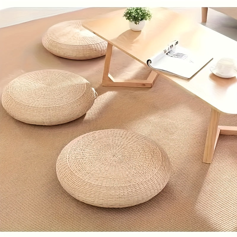Thick Handwoven Round Tatami Mat Wooden Color 41.91cm Floor Cushion Living Room