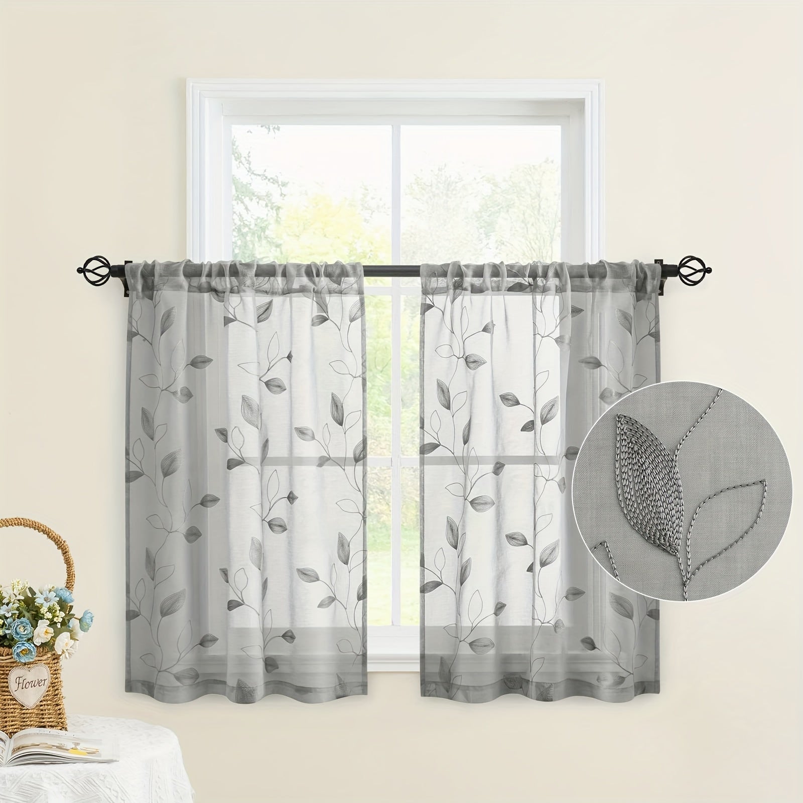 Two Pieces Sheer Curtains with Embroidered Leaf Pattern, Rod Pocket, Polyester, for Bedroom Living Room Kitchen