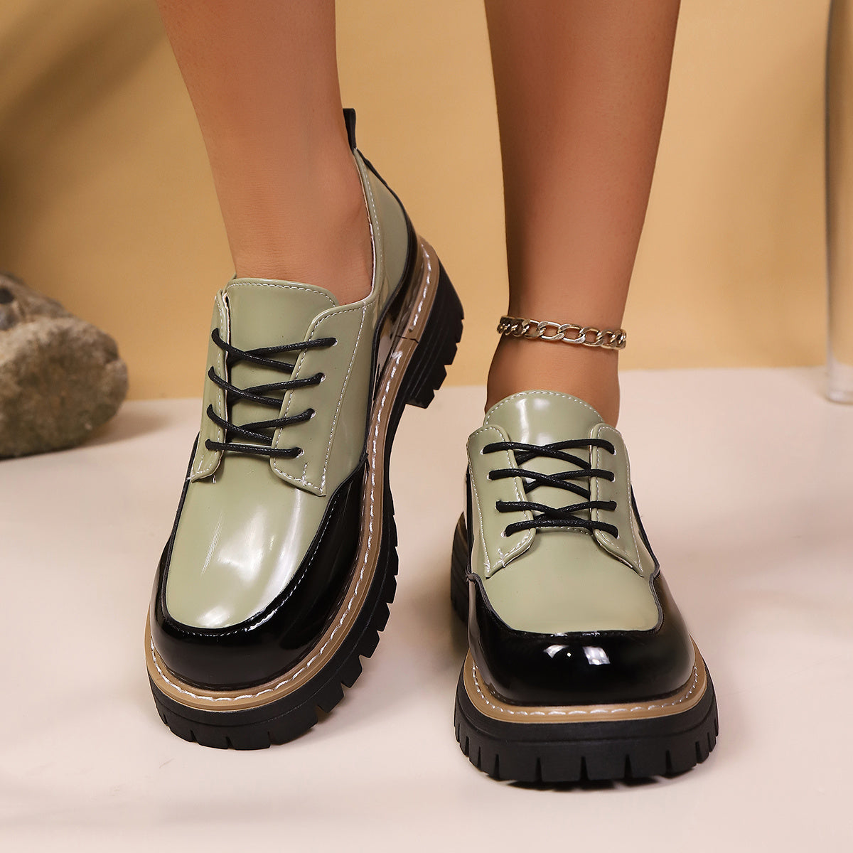 Women's Loafers Color Block Flat Shoes with Height-Increasing Sole