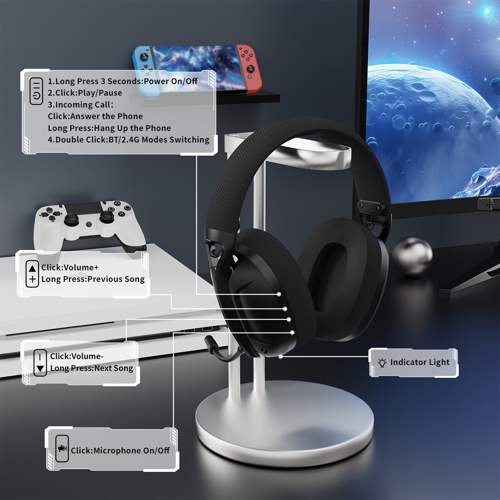 Auriculares inalámbricos para juegos con cancelación activa de ruido, cable desmontable, micrófono integrado