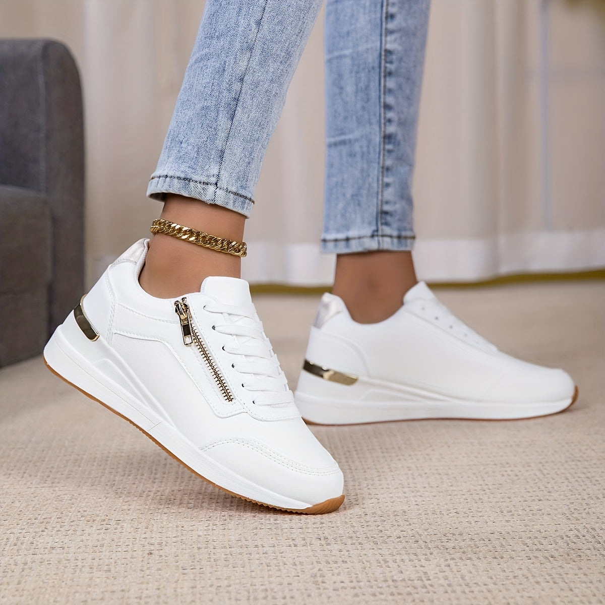 Women's White Low-Top Sneakers with Metallic Accents and Anti-Slip Sole