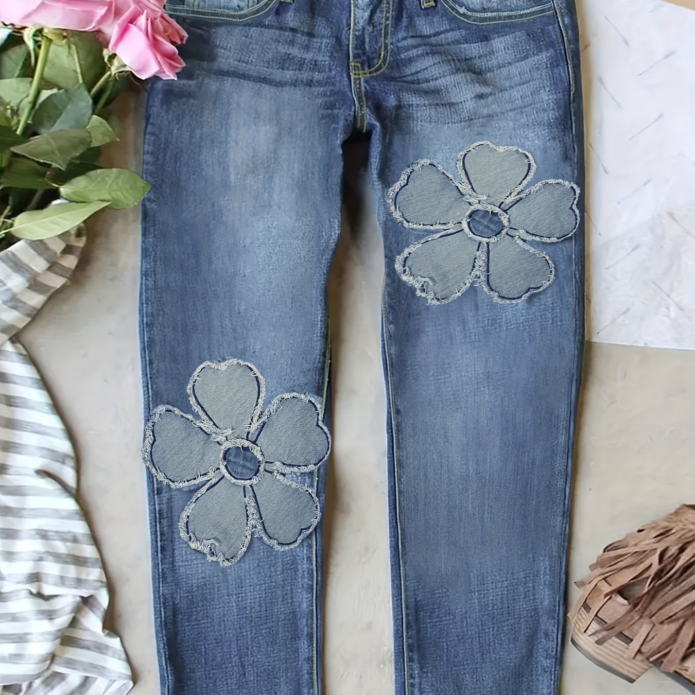 Women's Plus Size Floral Patchwork Lace Denim Pants with Contrast Hem