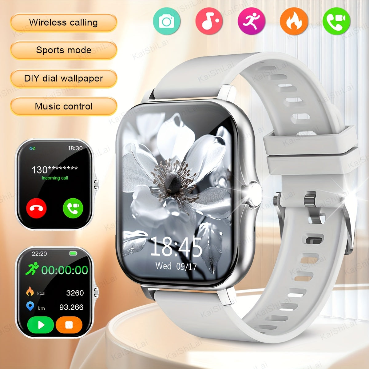 4.65cm HD Full Screen Touch Smartwatch with Call, Heart Rate, Blood Pressure, Step and Distance Tracking for iPhone and Android