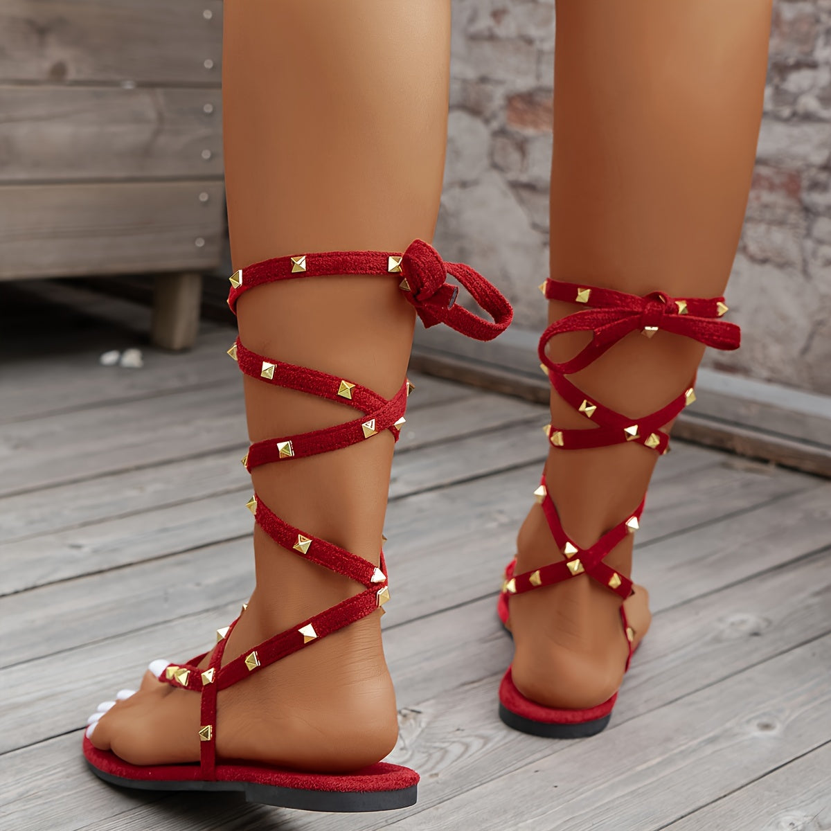 Women's Flat Sandals Cross Tie Rivet Toe Clip Roman Shoes