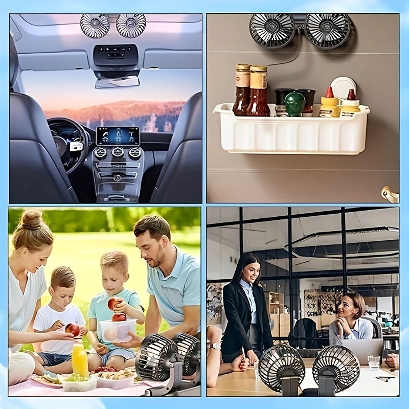 USB Rechargeable Portable Car Dual Fan with Adjustable Speed and Rotatable Heads