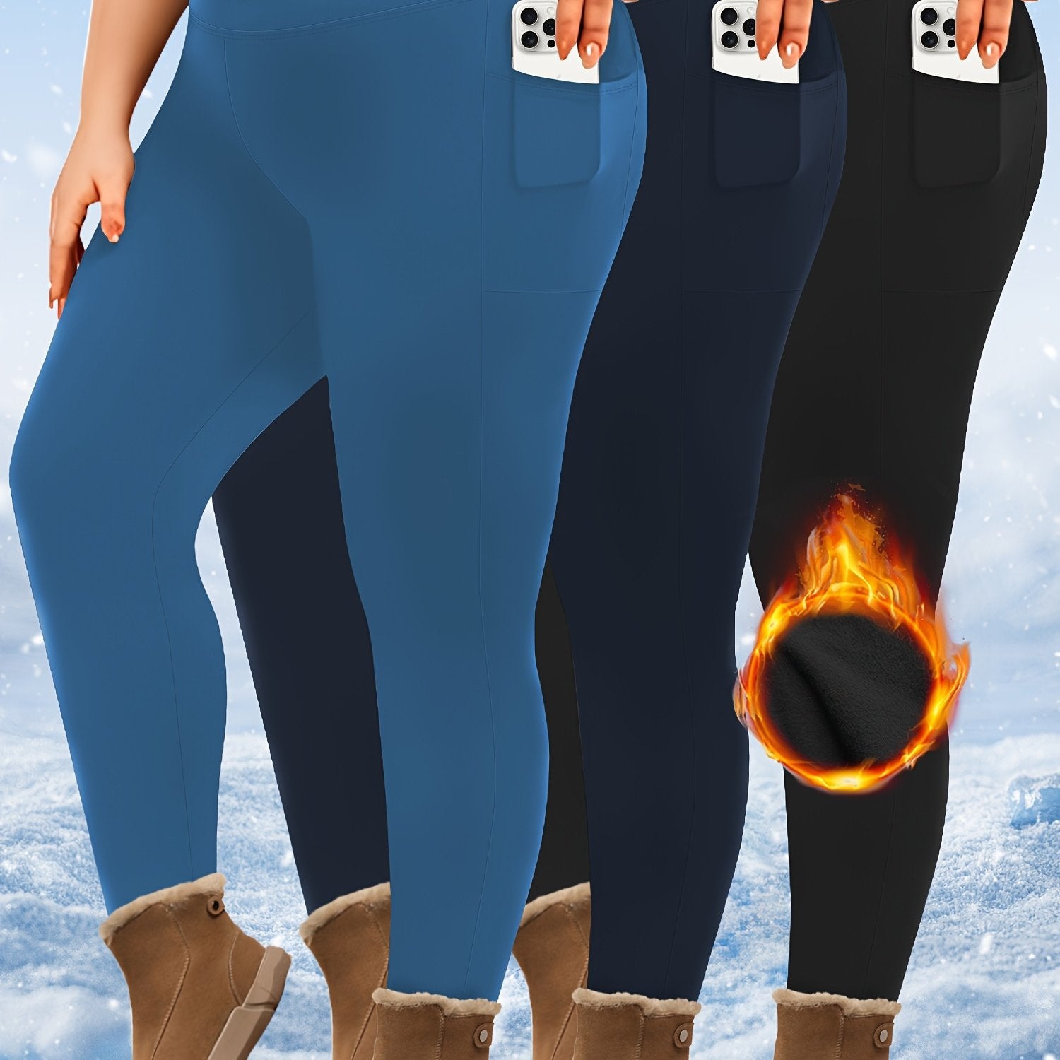 Plus Size High-Waist Fleece-Lined Leggings with Pockets for AutumnWinter Black Gray Burgundy