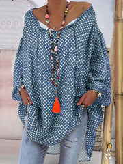 Plus Size Women's Casual V-Neck Tie Front Blouse Blue White Polka Dots