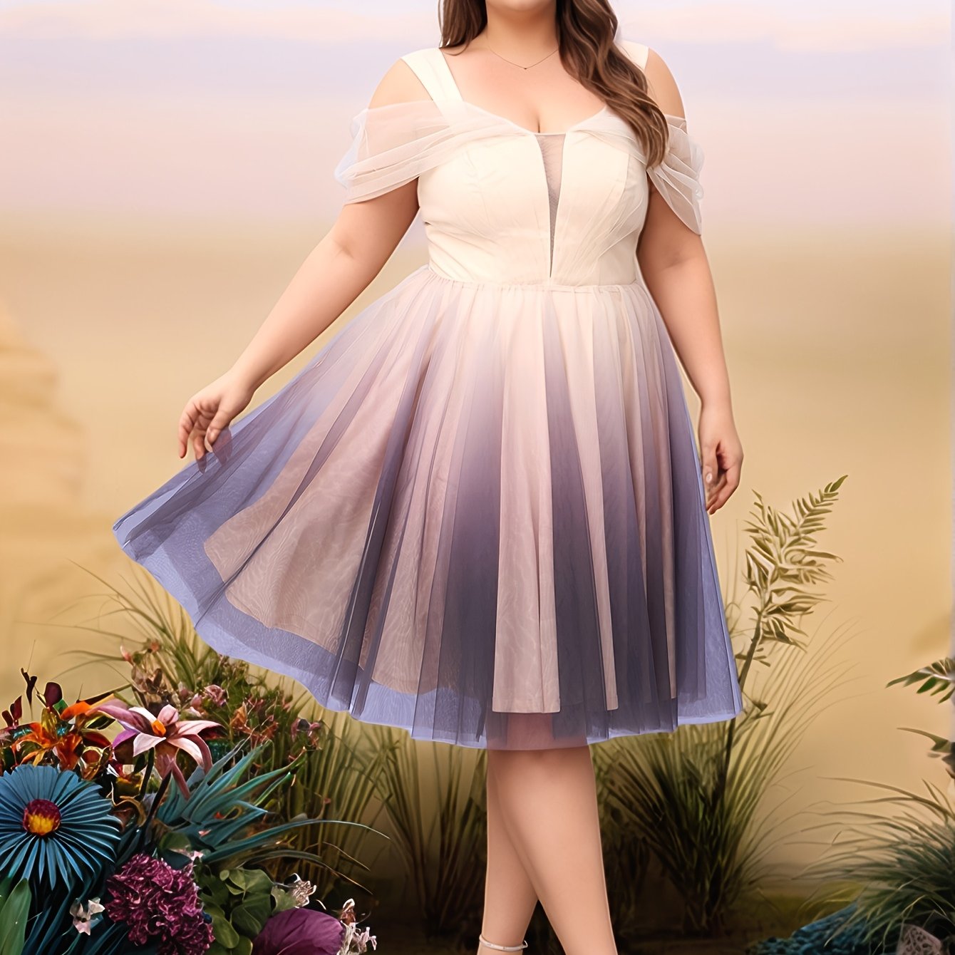 Plus Size Women's Off-Shoulder Prom Dress Gradient Purple Blue A-Line Gown