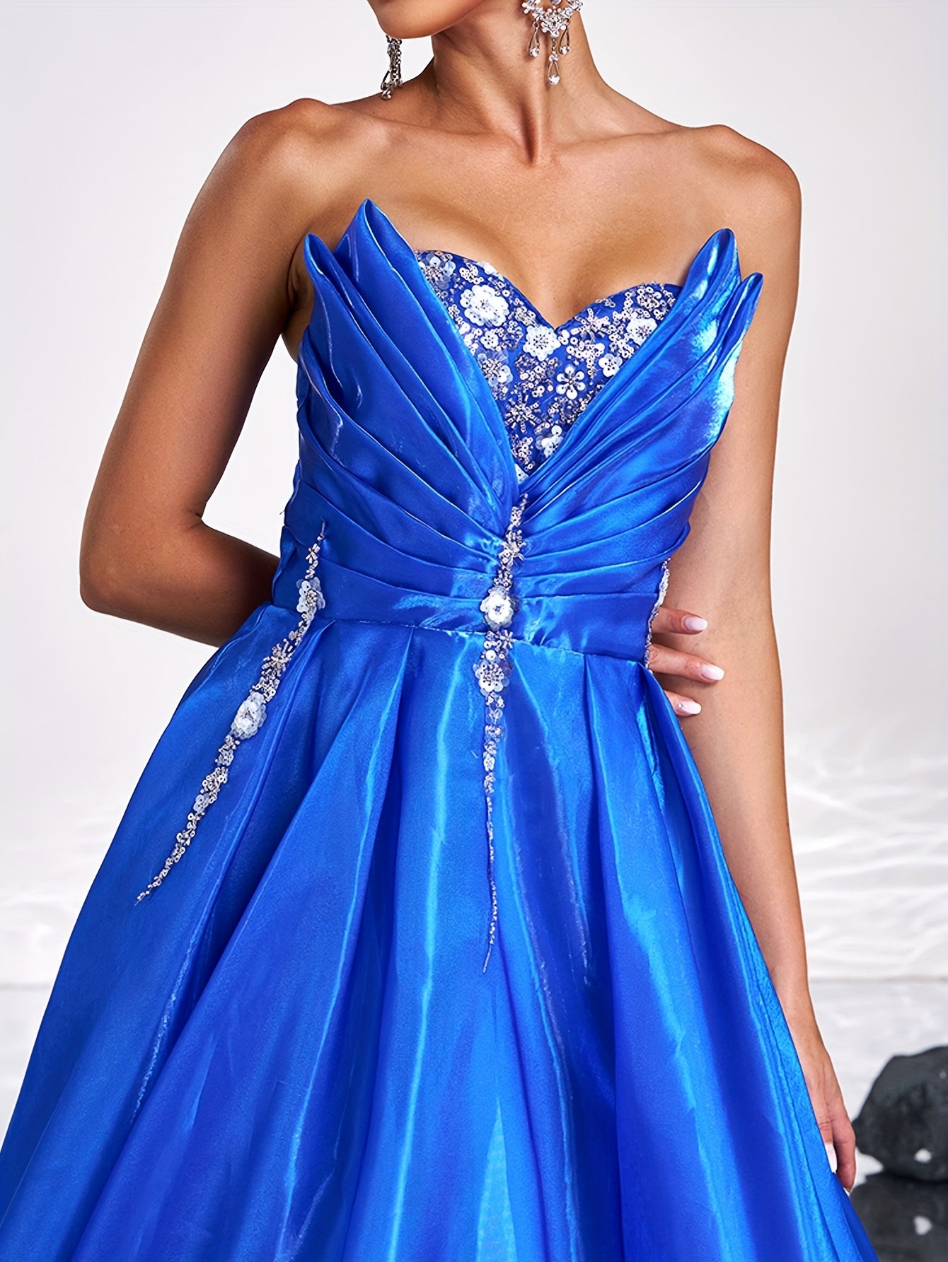 Women's Royal Blue Satin Evening Dress with Rhinestone Details and Backless Design