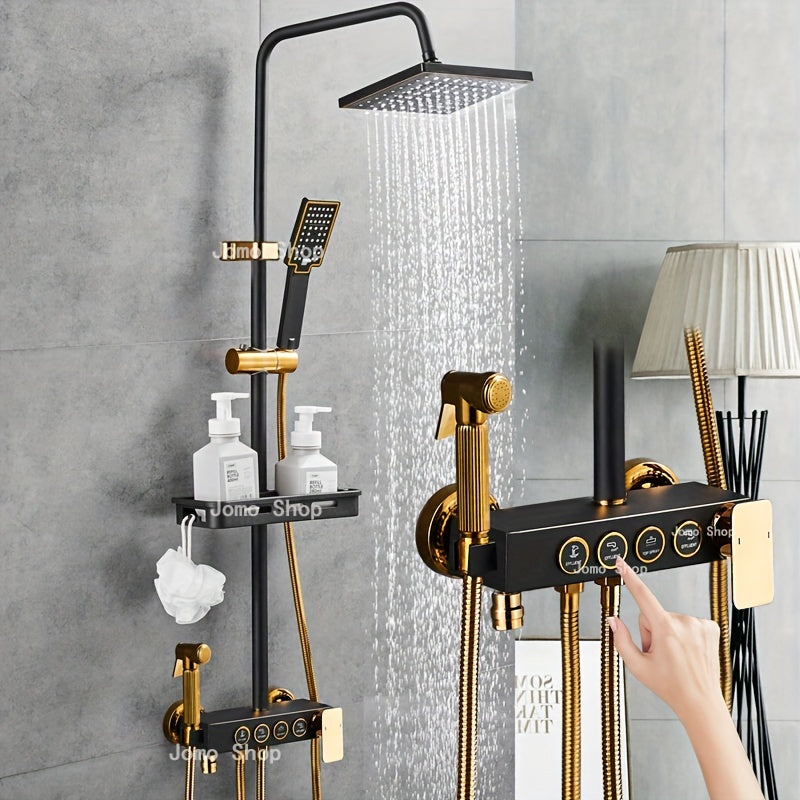 Black and Gold Bathroom Shower System with Rain Showerhead Handheld Tub Faucet and Mixer