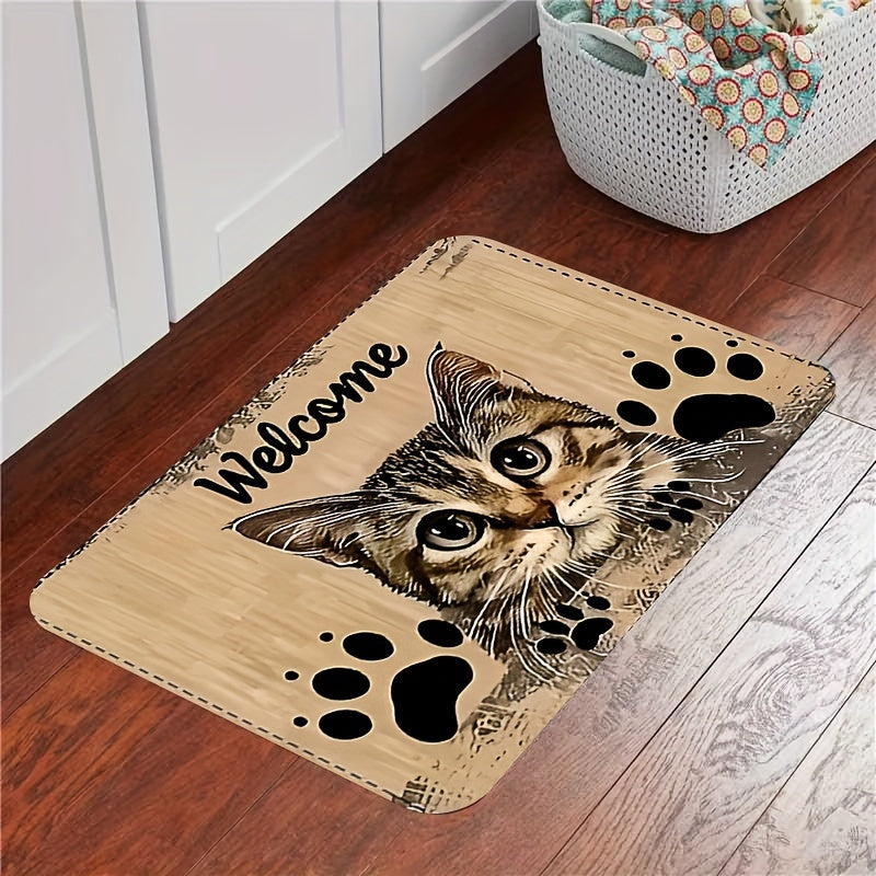 Charming Cat Welcome Mat Bardoshli Polyester Rug Slipperga qarshi Oson tozalash uchun yashash xonasi