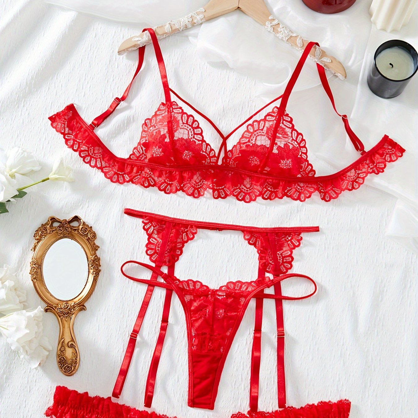 Women's Floral Lace Lingerie Set Includes Bra Thong Garter Belt Sexy Intimates