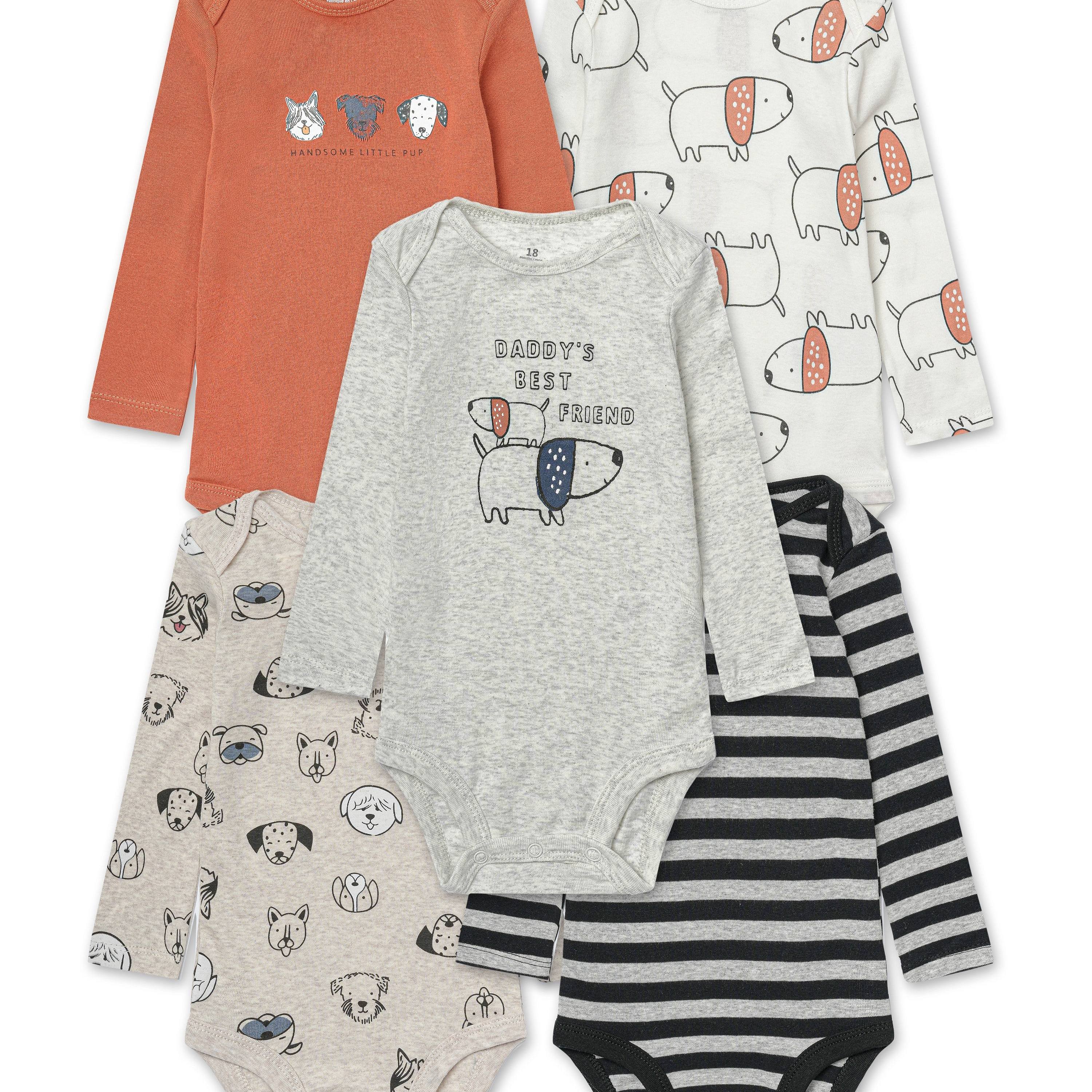 Baby Boys Cotton Bodysuits Set 5 Creatively Patterned Long Sleeve Spring Fall