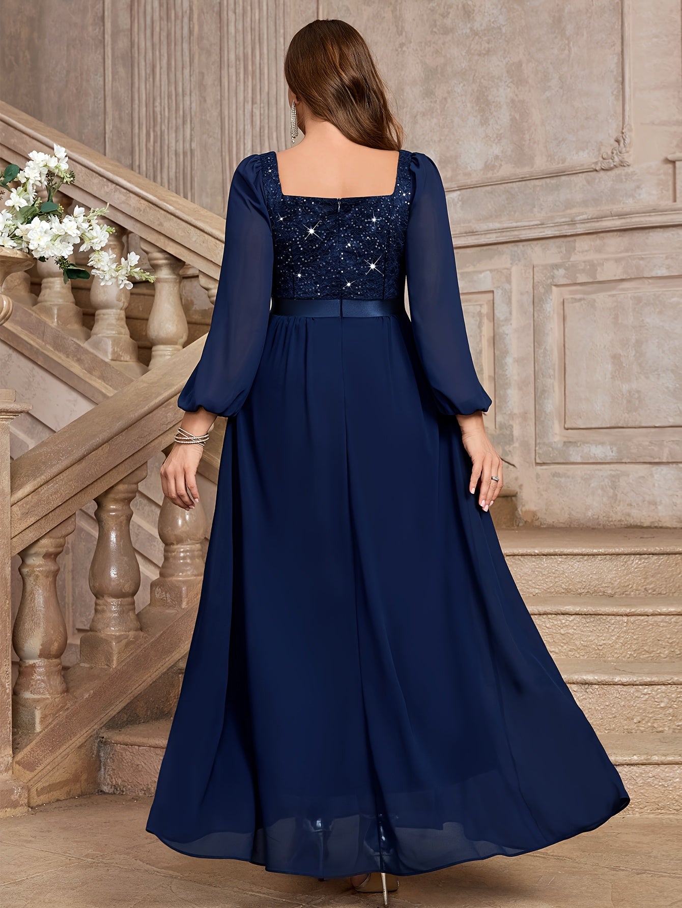 Plus Size Women's Sequin Lace Chiffon Evening Gown with Puff Sleeves