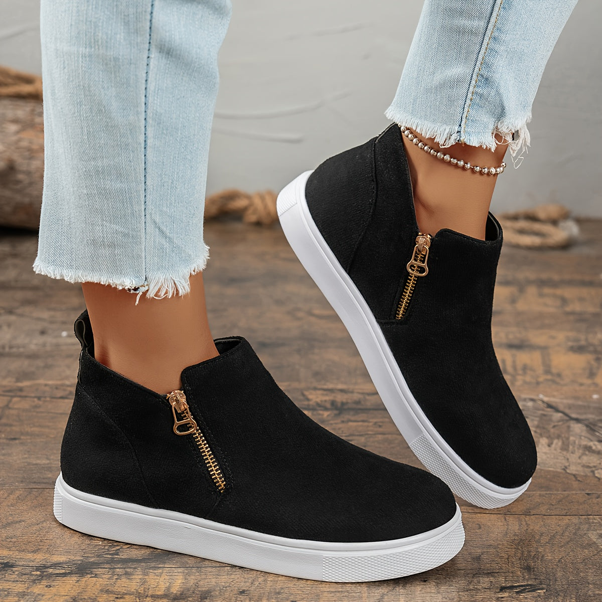 Women's Wedge Heel Ankle Boots Leather Chunky Zipper Casual Shoes