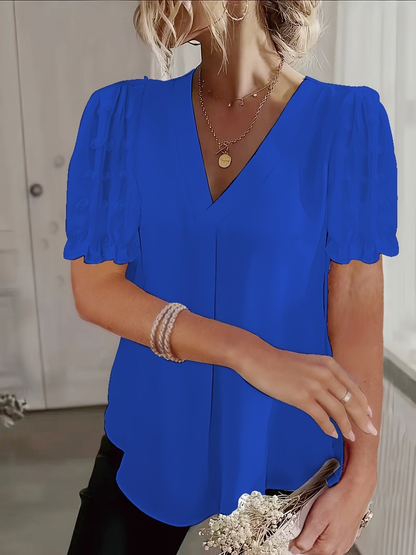 Women's Swiss Dot Mesh V-Neck Blouse Short Sleeve Lace Trim Summer White