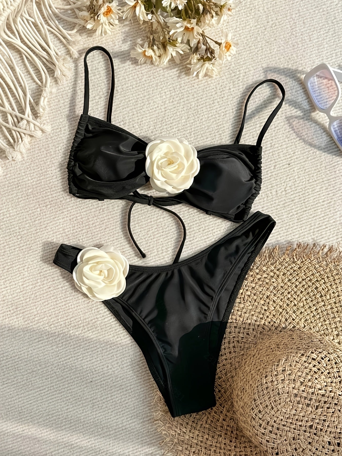 Black 3D Floral Lace-Up Strapless Two-Piece Outfit for Women