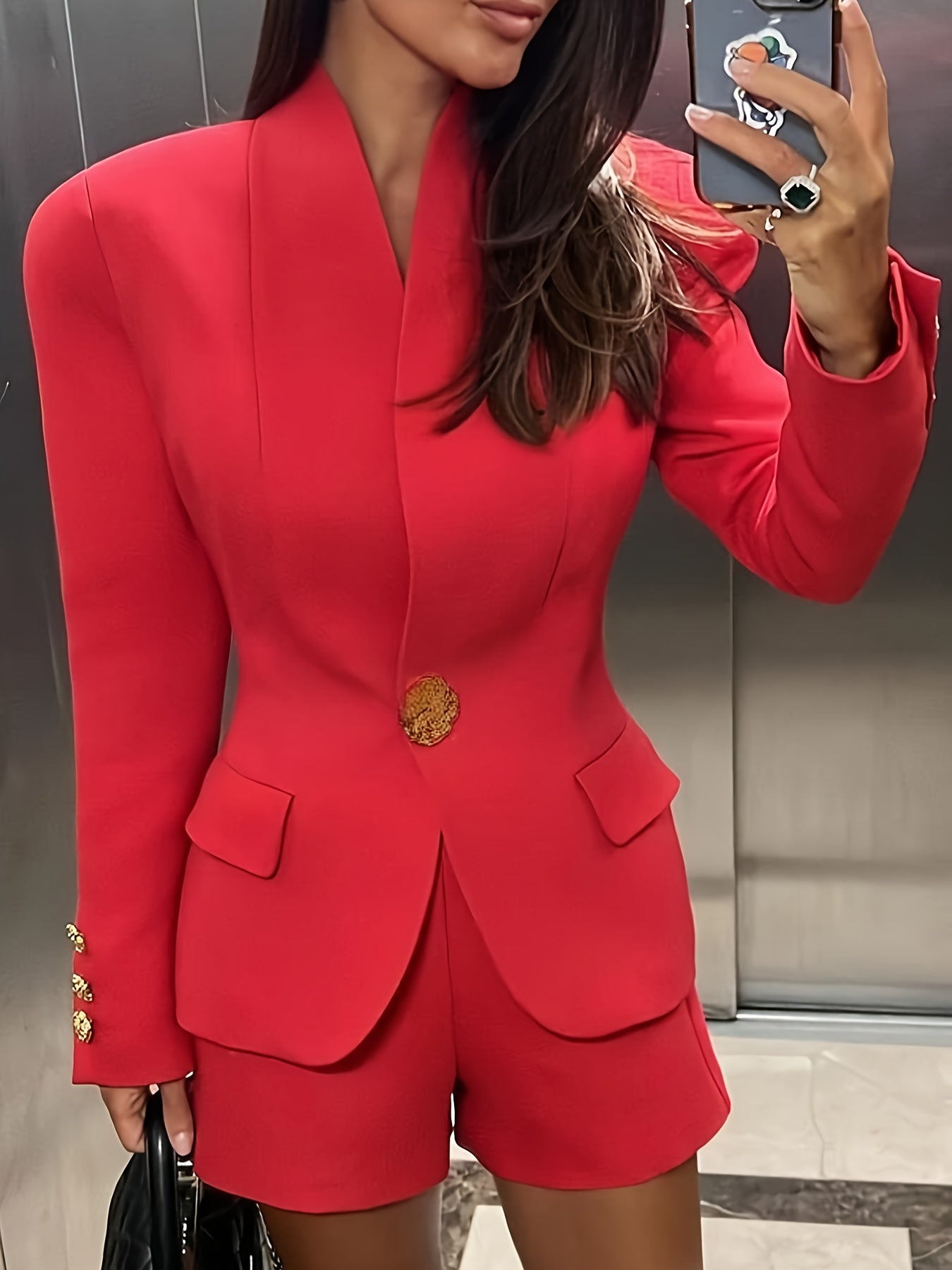 Elegant Polyester Blend Jacket with Metal Buttons Stand Collar Regular Fit for Spring Fall