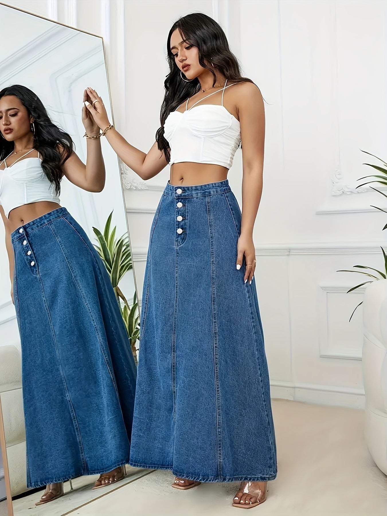 Plus Size Washed Blue High Rise Maxi Denim Skirt for Fall Casual Flared Style