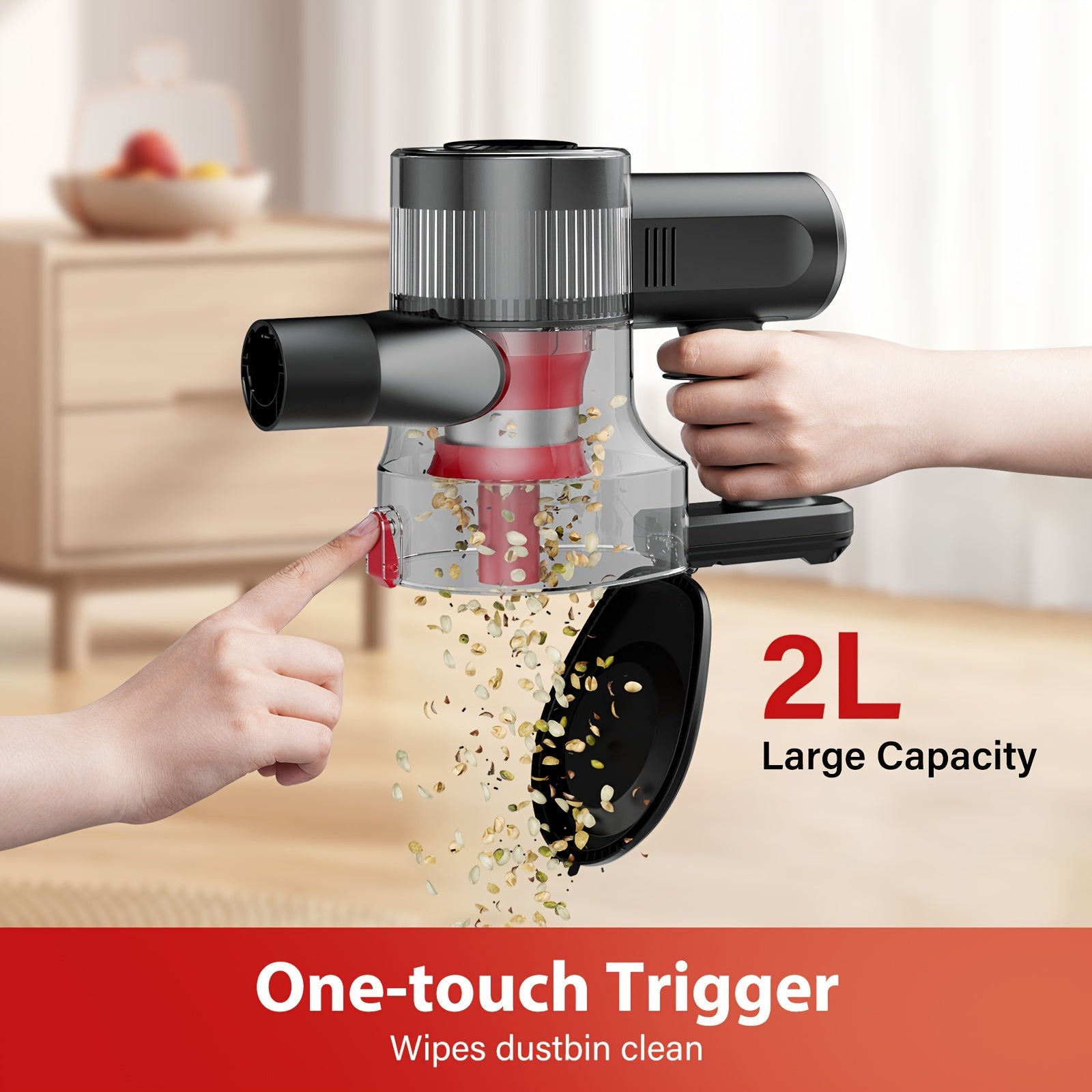 Qisqichli tozalash qurilmasi 200W, shovqinsiz motor, 33KPa kuchli suv olish, 2L chang qopqog'i, 50 minut ishlash vaqti, jim, yengil