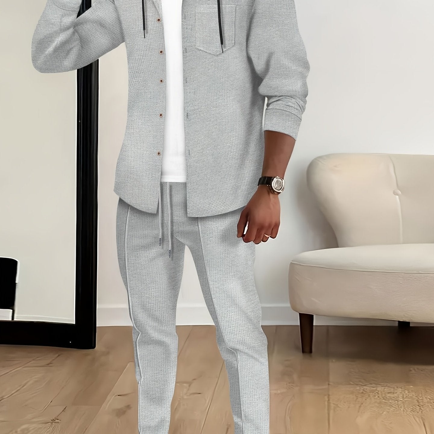 Men's Long Sleeve Hooded Waffle Solid Sports Suit Set for Spring and Autumn