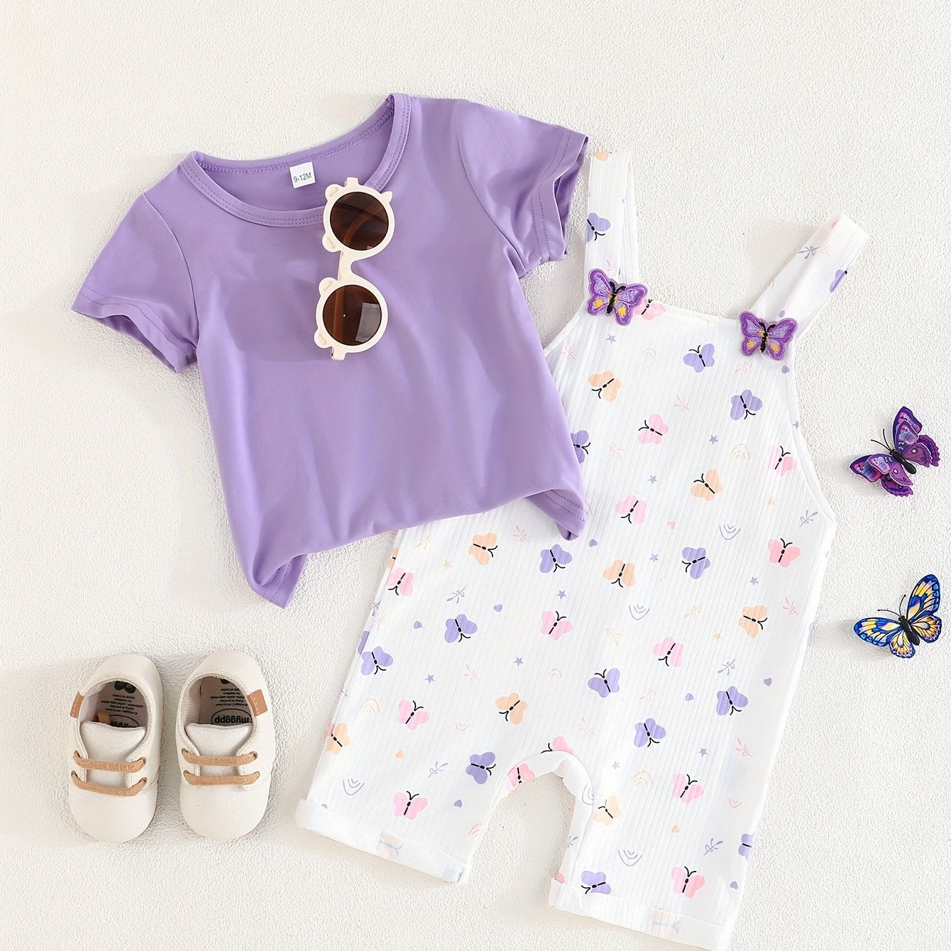 Girls' Summer Butterfly Print Romper and T-Shirt Set Lightweight Polyester Short Sleeve Casual Wear for Girls 0-3 Years