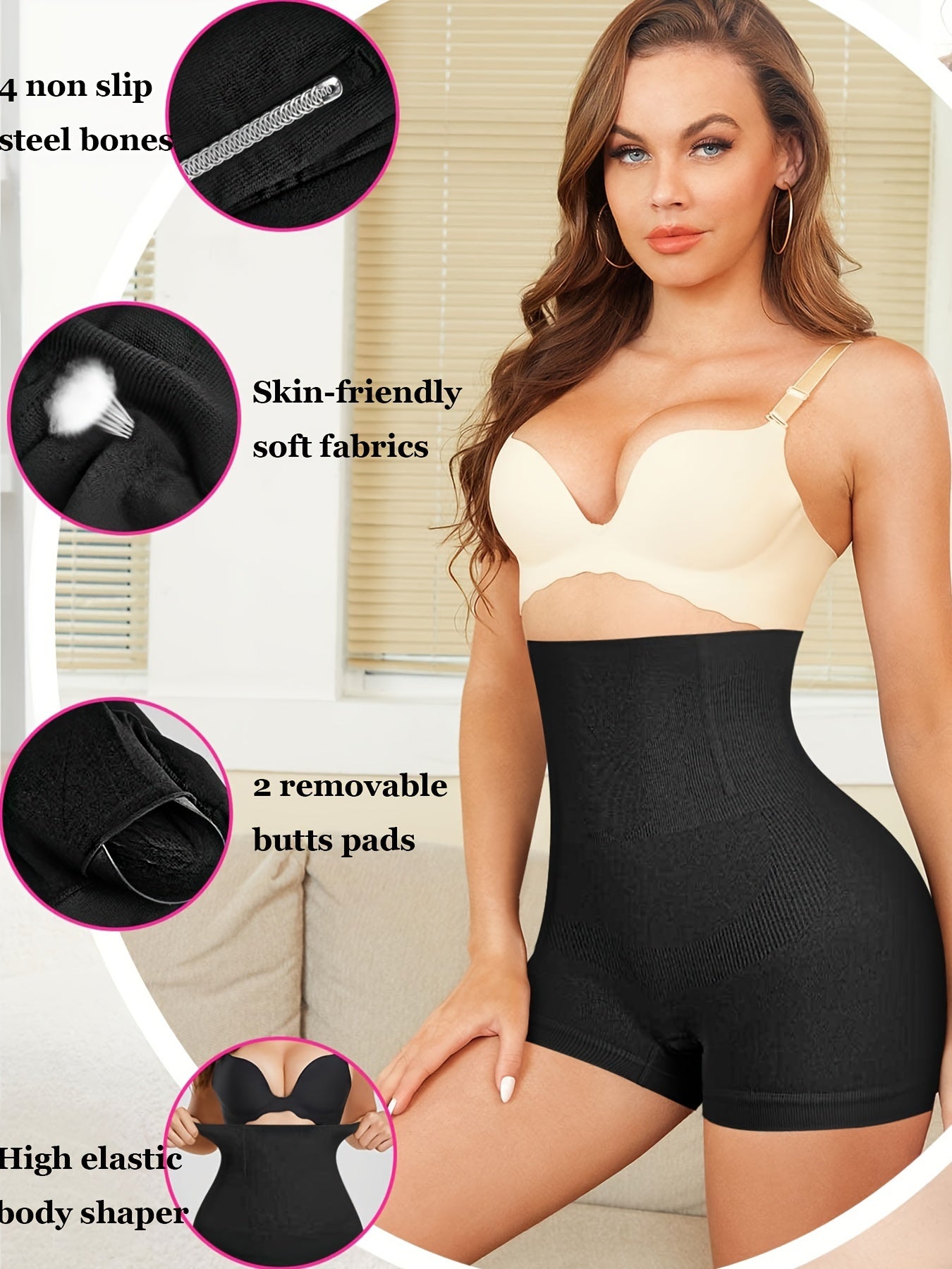 Women's High-Waisted Shapewear Shorts Tummy Control Butt Lifter Solid Knit Fabric