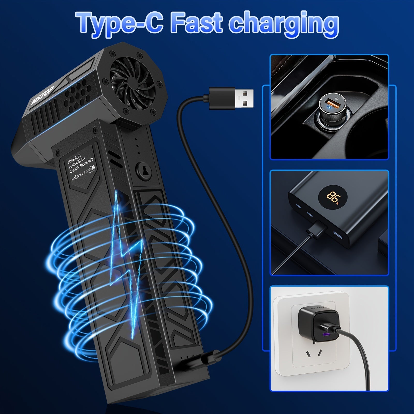 Compresor de aire compacto, soplador portátil, recargable por USB para limpieza de coches, uso en exteriores