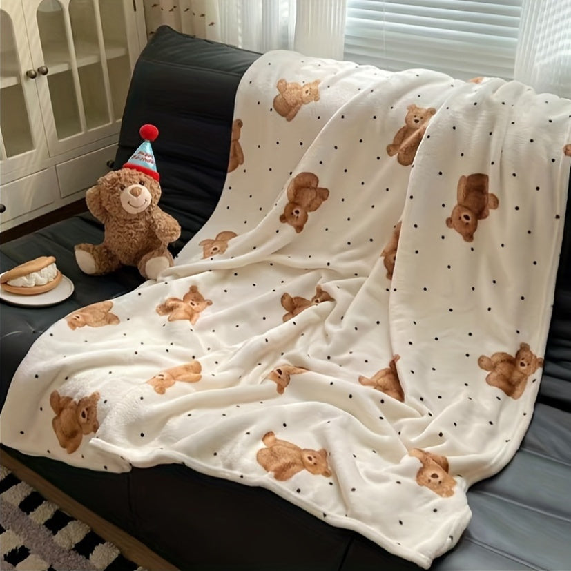 Fleece Throw Blanket with Bear and Puppy Prints Ultra-Soft Digital Polyester Lightweight for Sofa Bed or Office