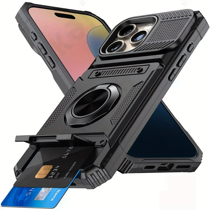 Heavy Duty Phone Case with Metal Stand and Card Slot for iPhone 16 Pro Max 15 Pro Max 14 Pro Max