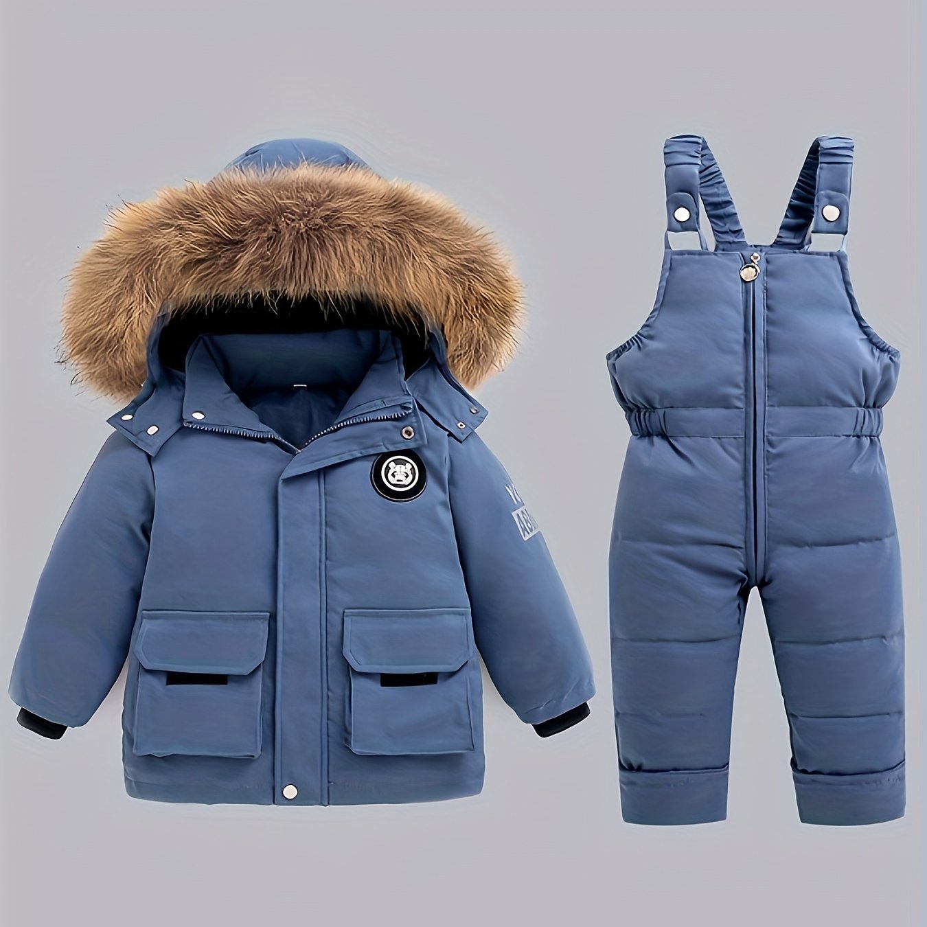 Kids' Winter Jacket and Overalls Set for Boys and Girls Polyester Hooded Zipper Coat and Snow Pants