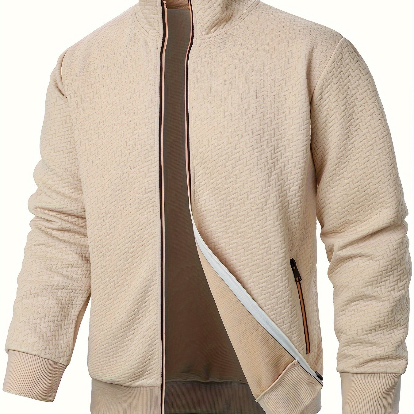 Men's Polyester Jacquard Zip Up Jacket with Stand Collar and Hoodie for Spring Fall Winter