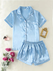 Women's Satin Lounge Set Short Sleeve Button-Up Top with Lapel Collar and Elastic Shorts