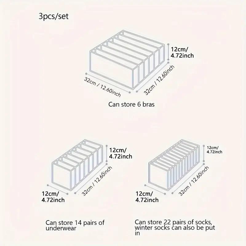 3-Piece Fabric Underwear Drawer Organizer Set for Bras, Panties, Socks