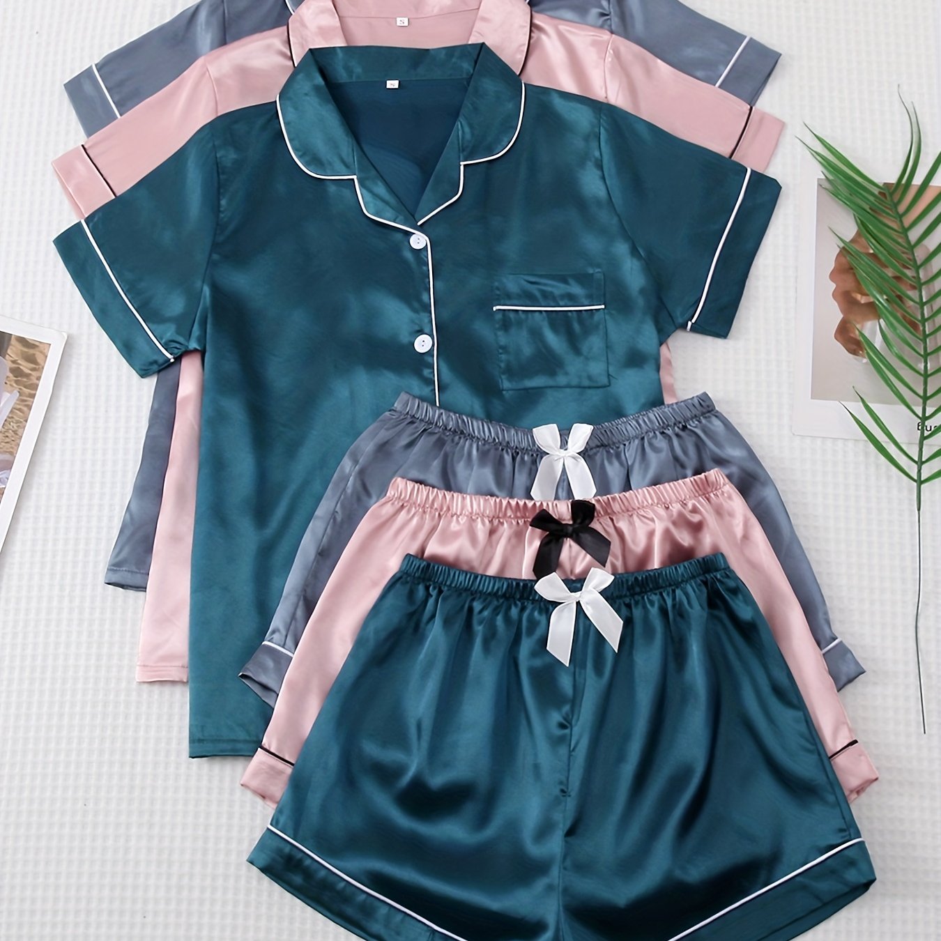 Women's Satin Pajama Set Three-Piece Solid Color Casual All-Season