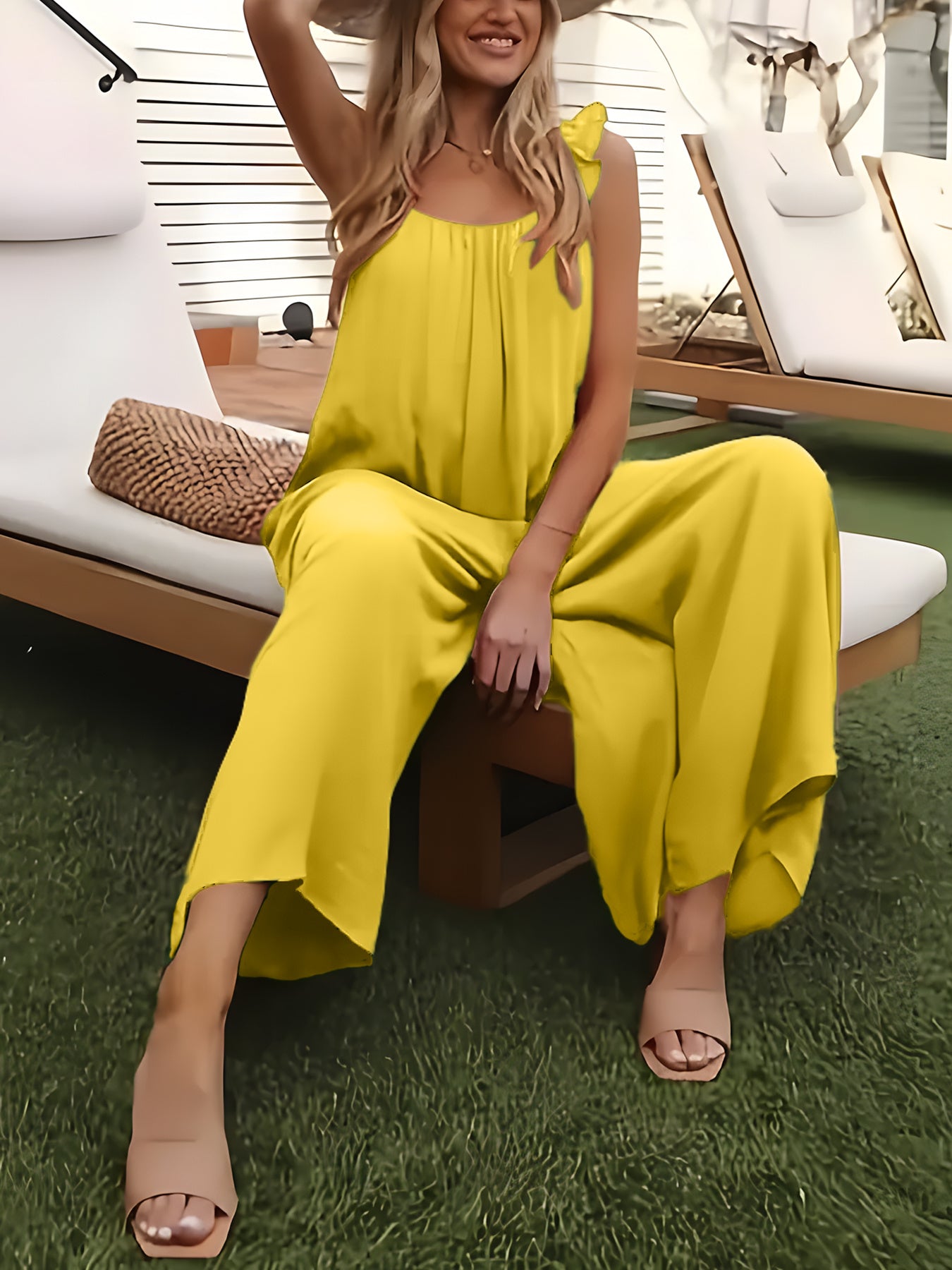 Plus Size Women's Black Sleeveless Jumpsuit with Ruffle Detail and Wide-Leg