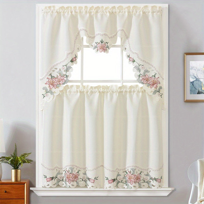 3-Piece Beige Floral Embroidered Polyester Window Curtains for Bedroom Living Room Kitchen