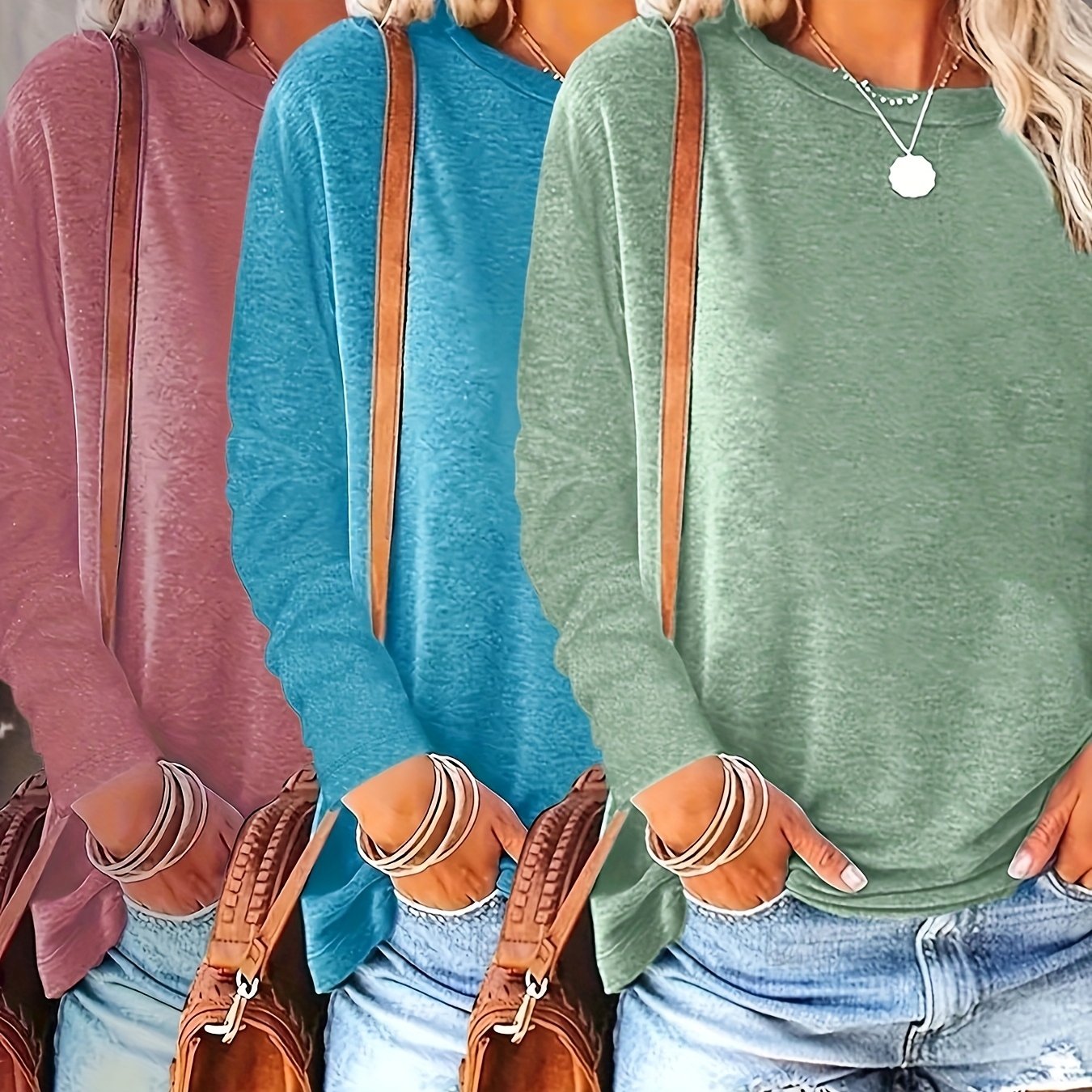 Camisetas de manga larga para mujer con cuello redondo, colores sólidos, pack de primavera y otoño, cómodas
