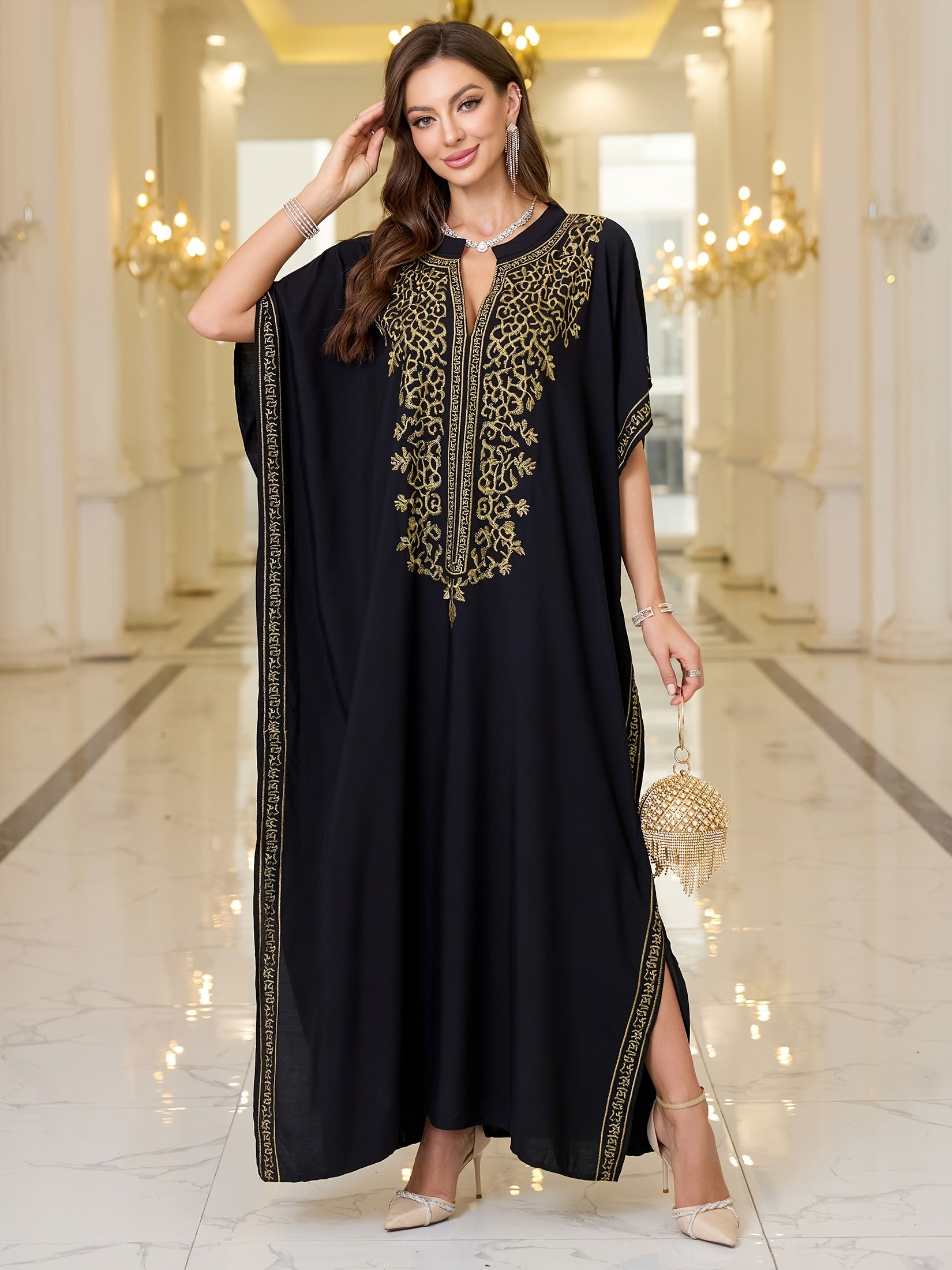 Plus Size Embroidered Loose Kaftan Dress, Batwing Sleeve, Casual Summer Wear