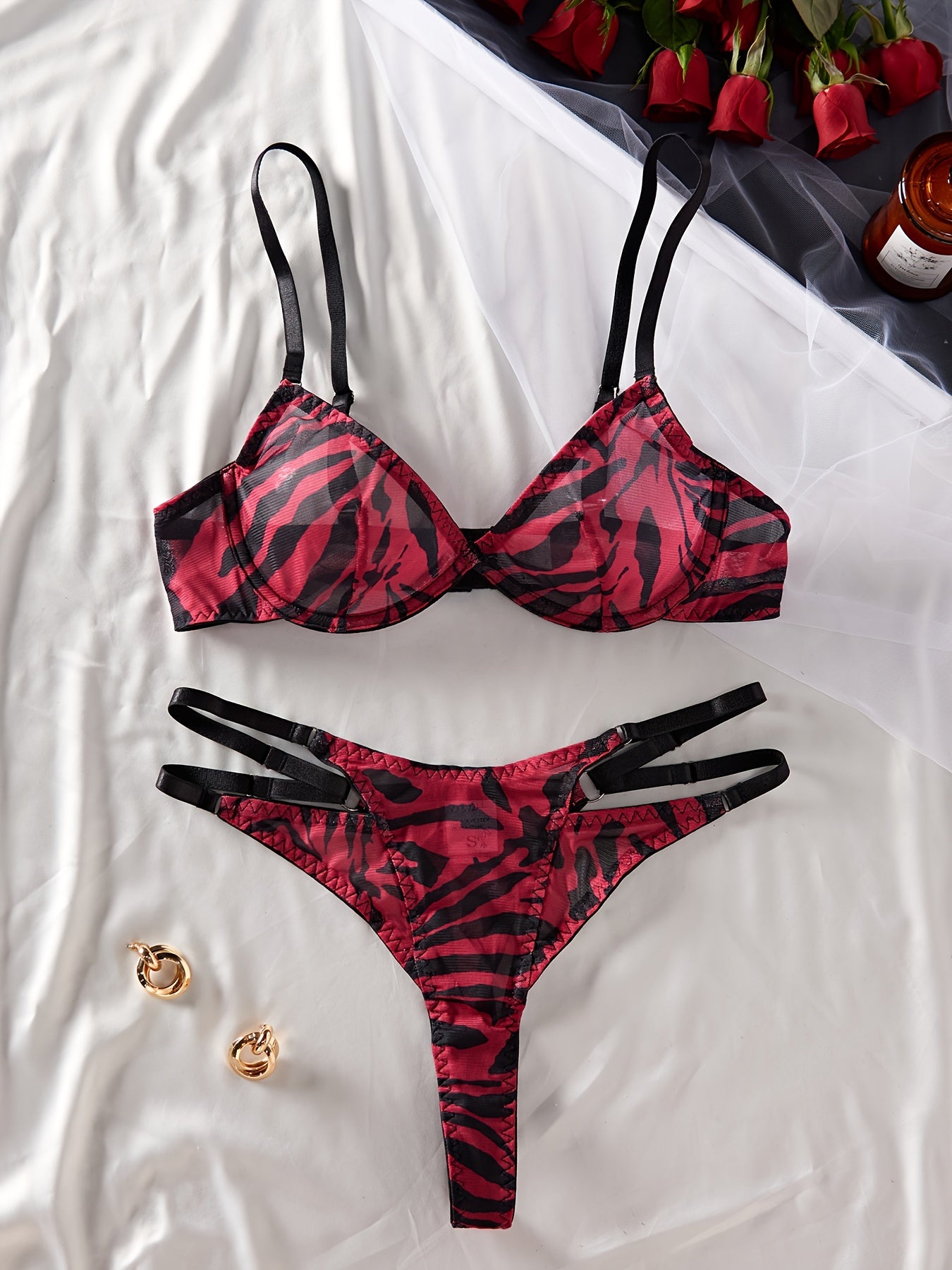 Women's Zebra Print Lingerie Set with Push-Up Bra and Hollow-Out Panties
