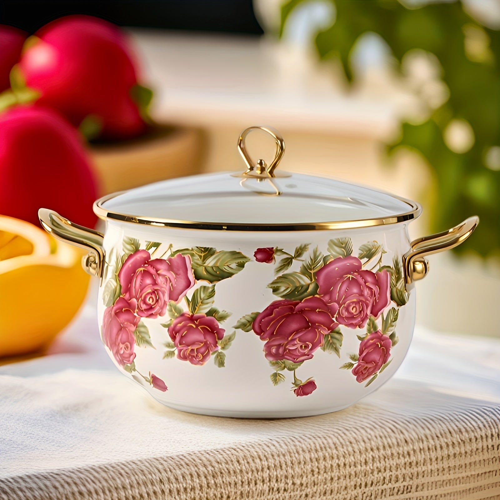Stockpot with Gold Handle and Rose Flower Enamel Design, Includes Glass Lid, Multiple Sizes