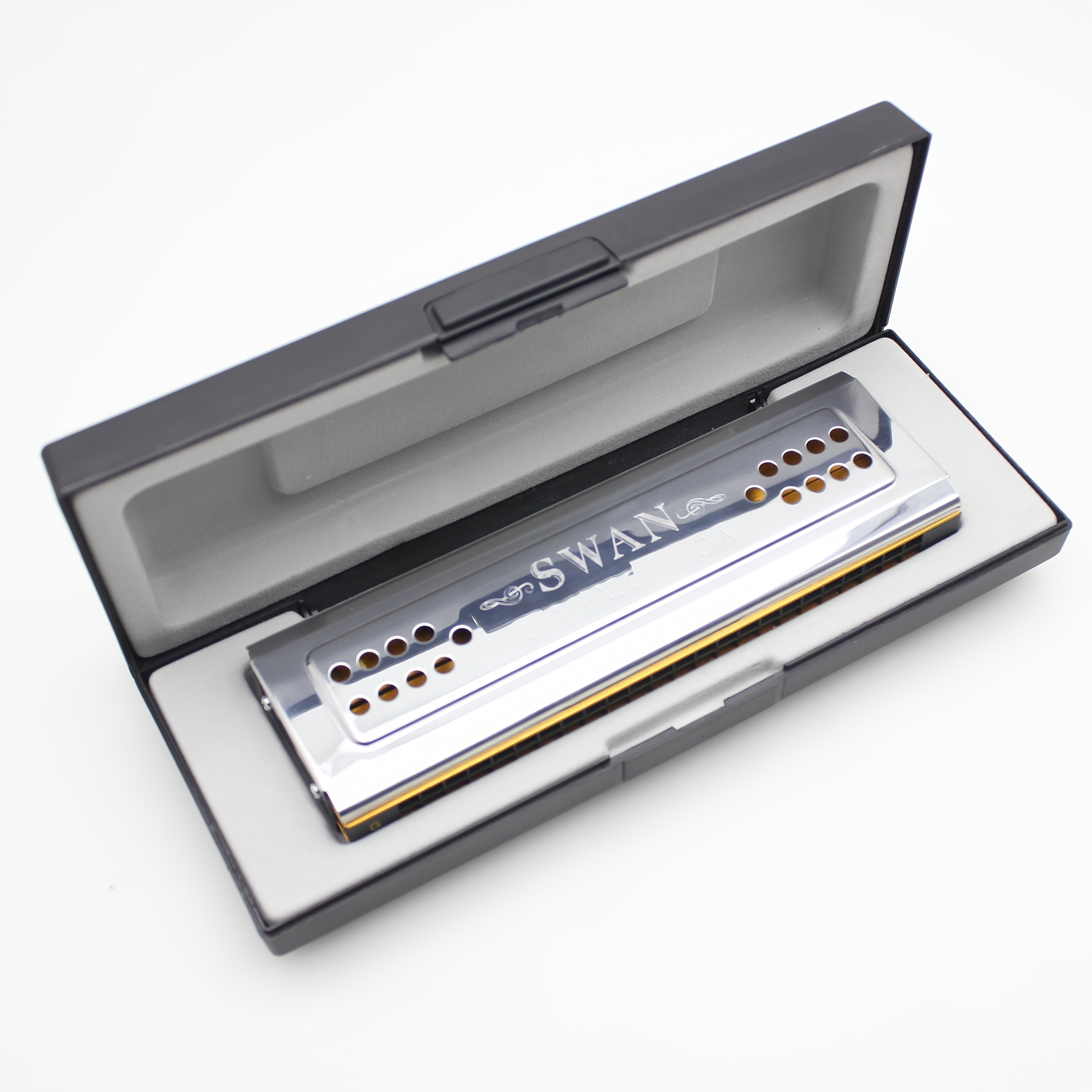 24-Hole Polyphonic Harmonica C and G Key Metal Polished Silver Grey with Box and Cleaning Cloth