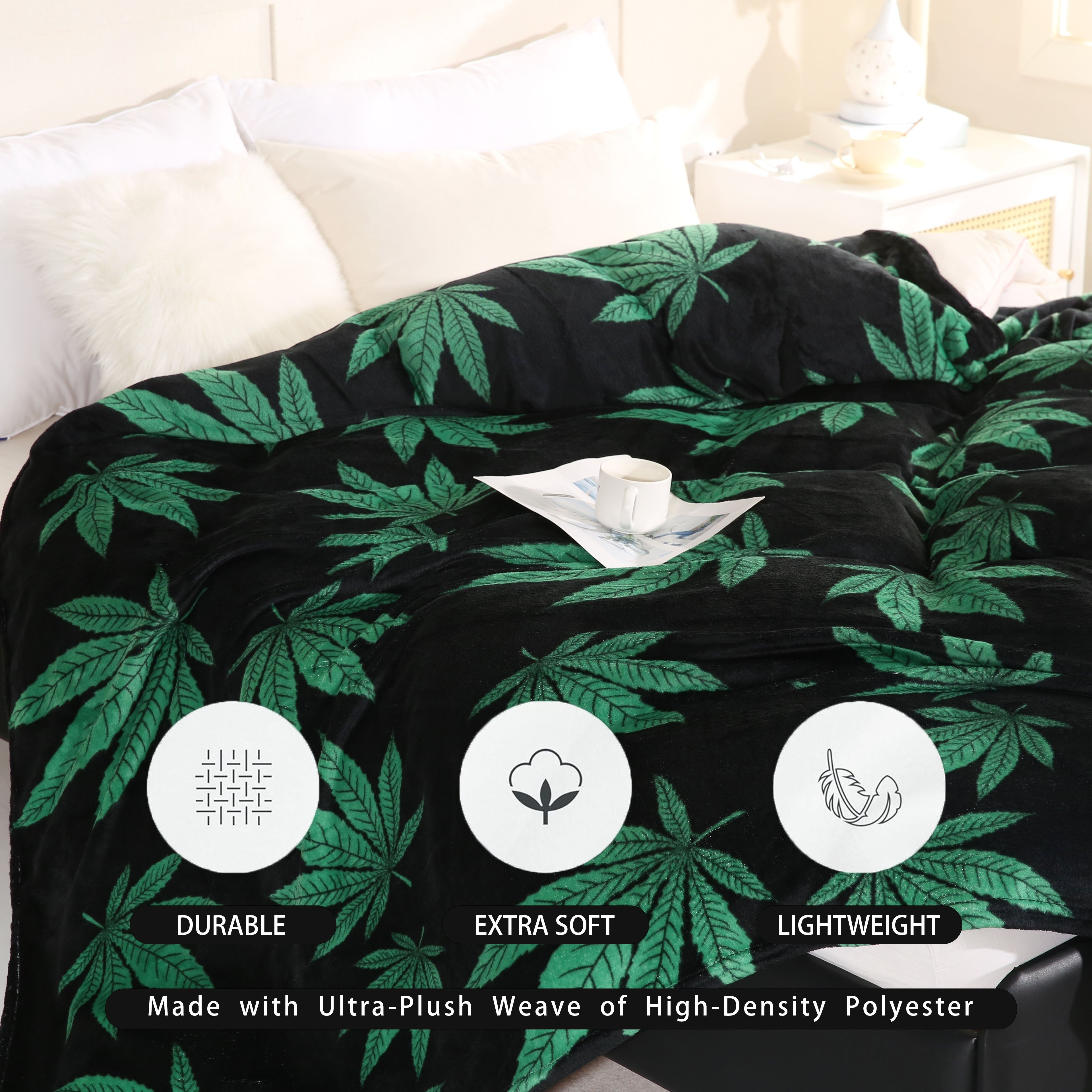 Rustic Style Flannel Blanket with Marijuana Leaf Print for Couch Bed and Travel