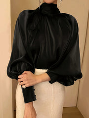 Solid Color High Neck Blouse with Tie Back for Women Elegant Woven Polyester