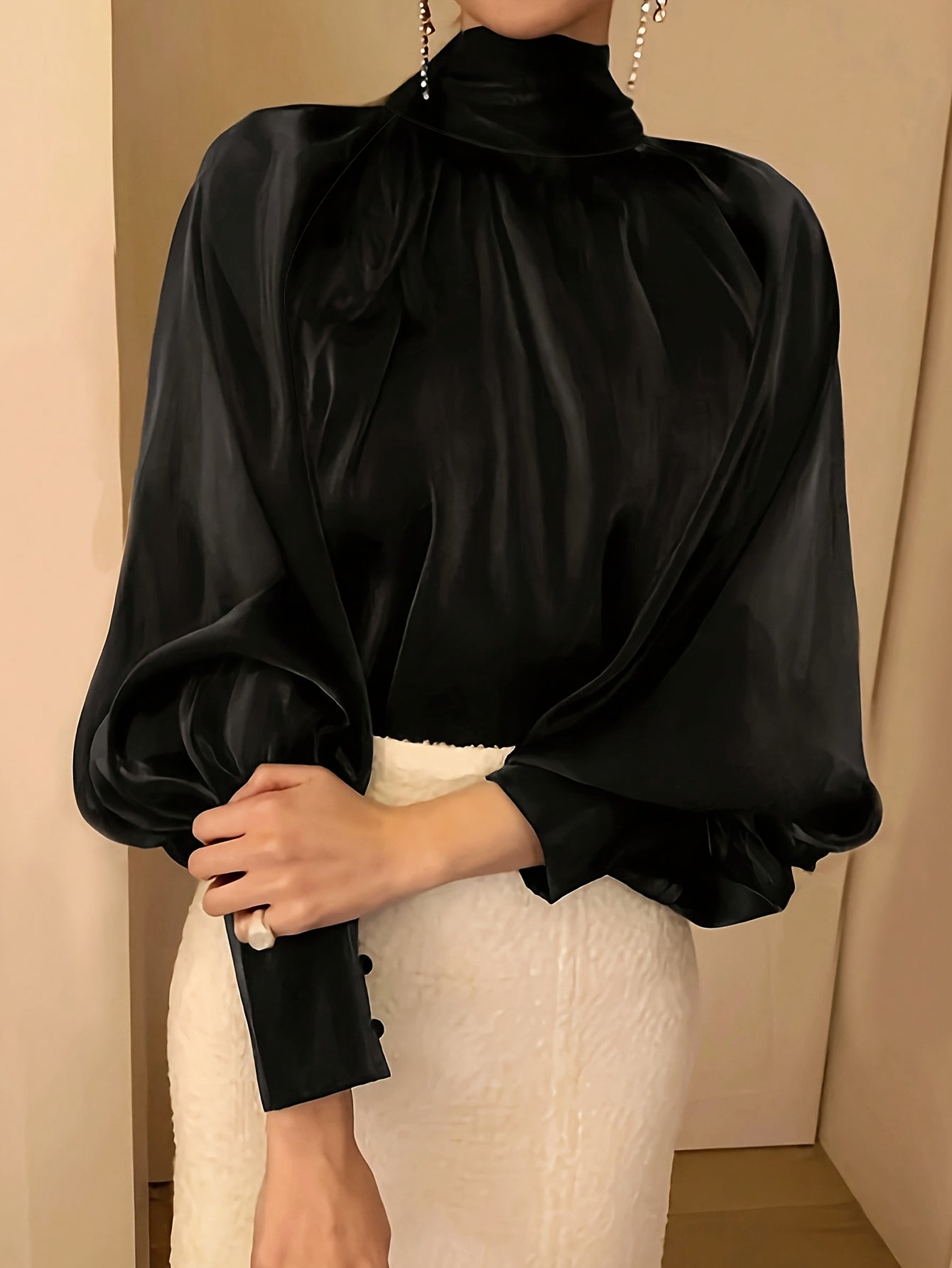 Solid Color High Neck Blouse with Tie Back for Women Elegant Woven Polyester