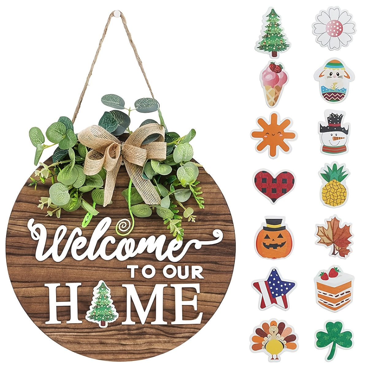 Round Wooden Door Hanger with Garland Rustic Welcome Sign Farmhouse Porch Decor All Seasons