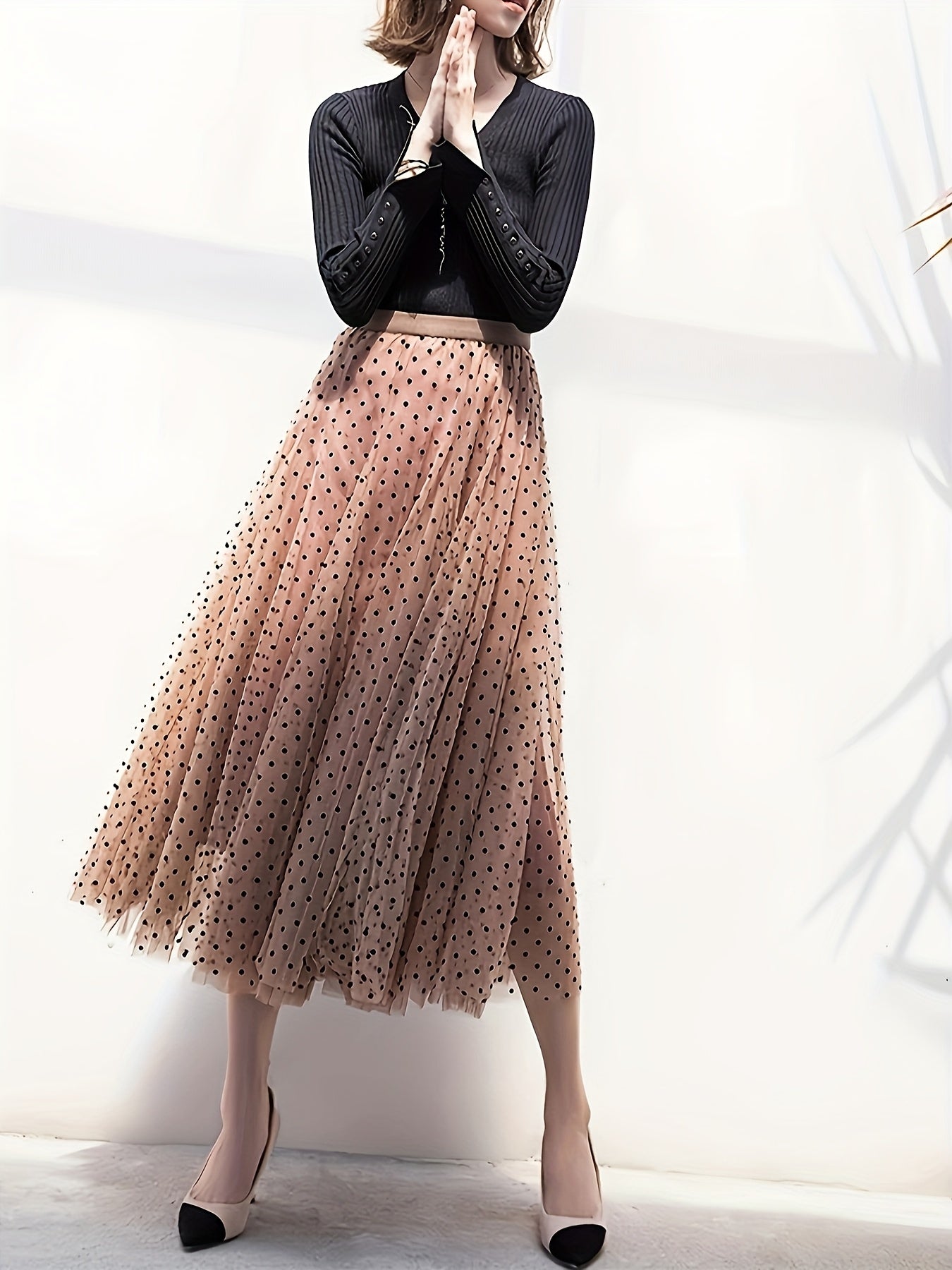 Falda midi de lunares de talla grande para mujer en línea A, con malla ligera y flocked