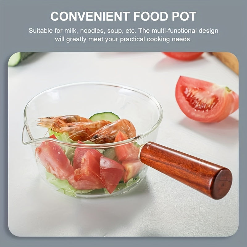 Qizil yog'och tutqichli shisha sut qozoni, yopishmaydigan qopqog' bilan, 450ml yoki 650ml